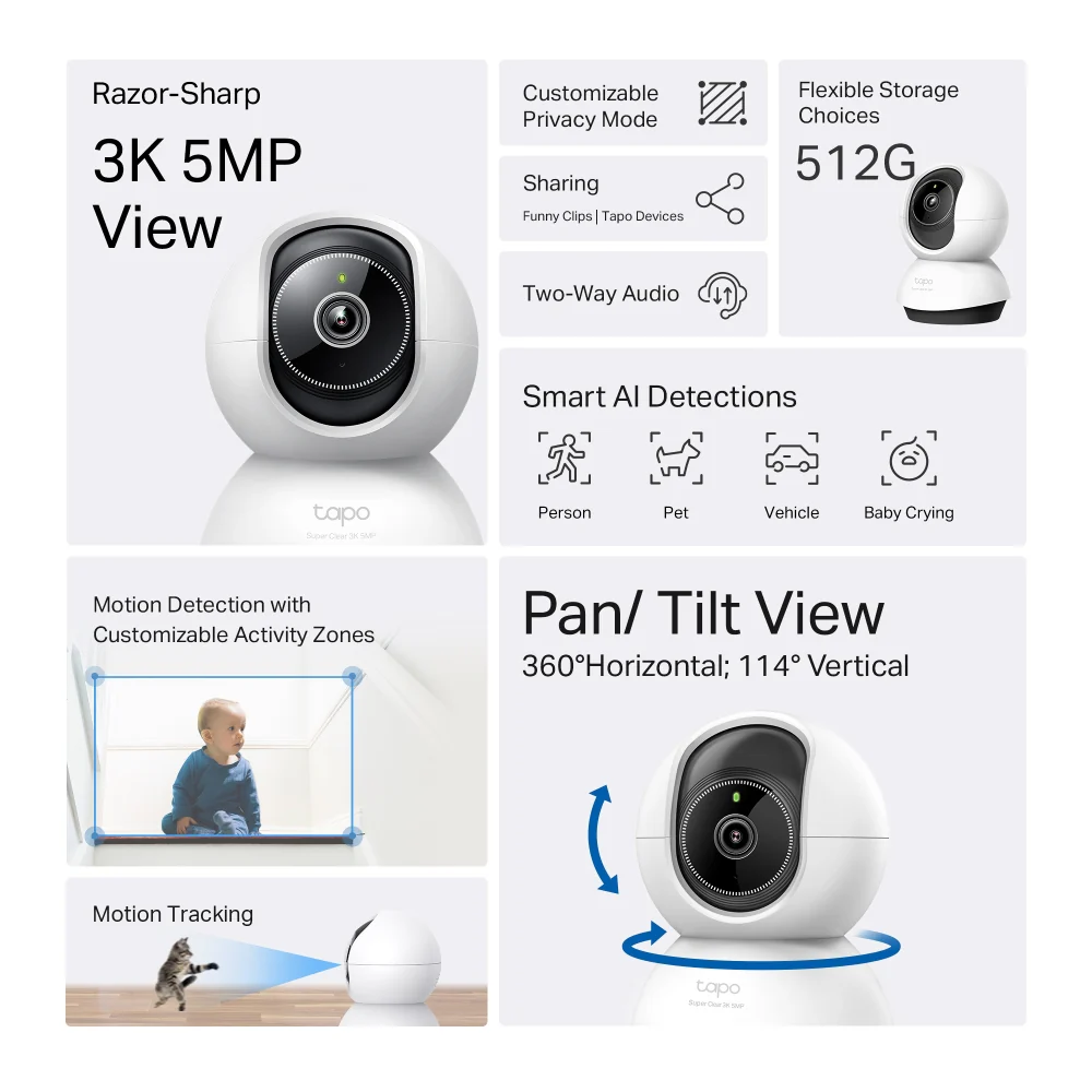 TC74 | Pan/Tilt AI Home Security Wi-Fi Camera, 3K 5MP, Night Vision - Image 2